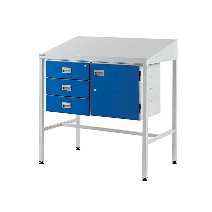 QMP Sloping Top Team Leader desk - Triple drawer and Cupboard 